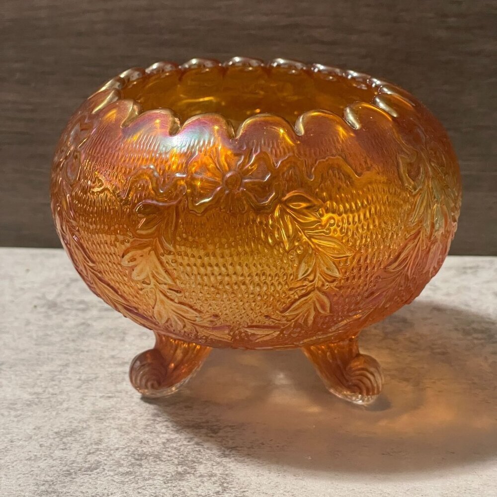 Vintage Fenton Garland and Bows Iridescent Carnival Marigold 4.5" Foot Bowl Vase